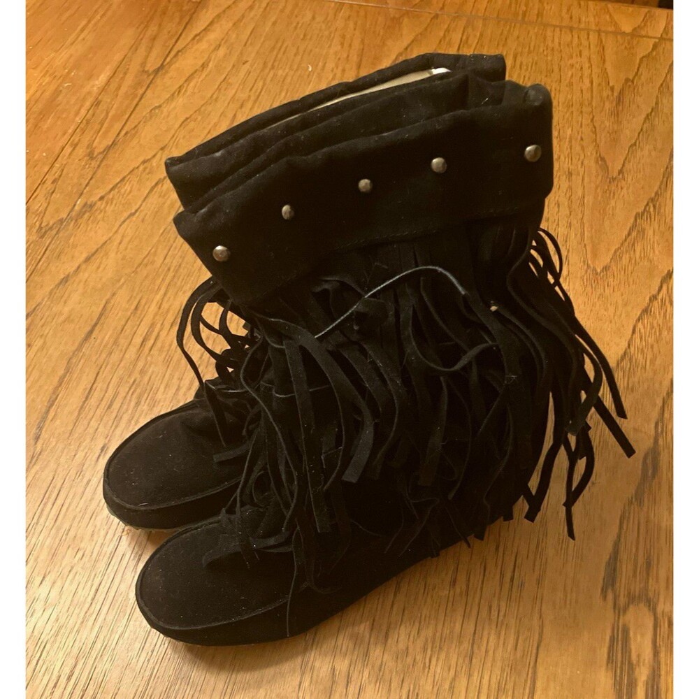 Women’s Black Suede Ankle Bootie Fringe Moccasin Flat Round Toe 9.5